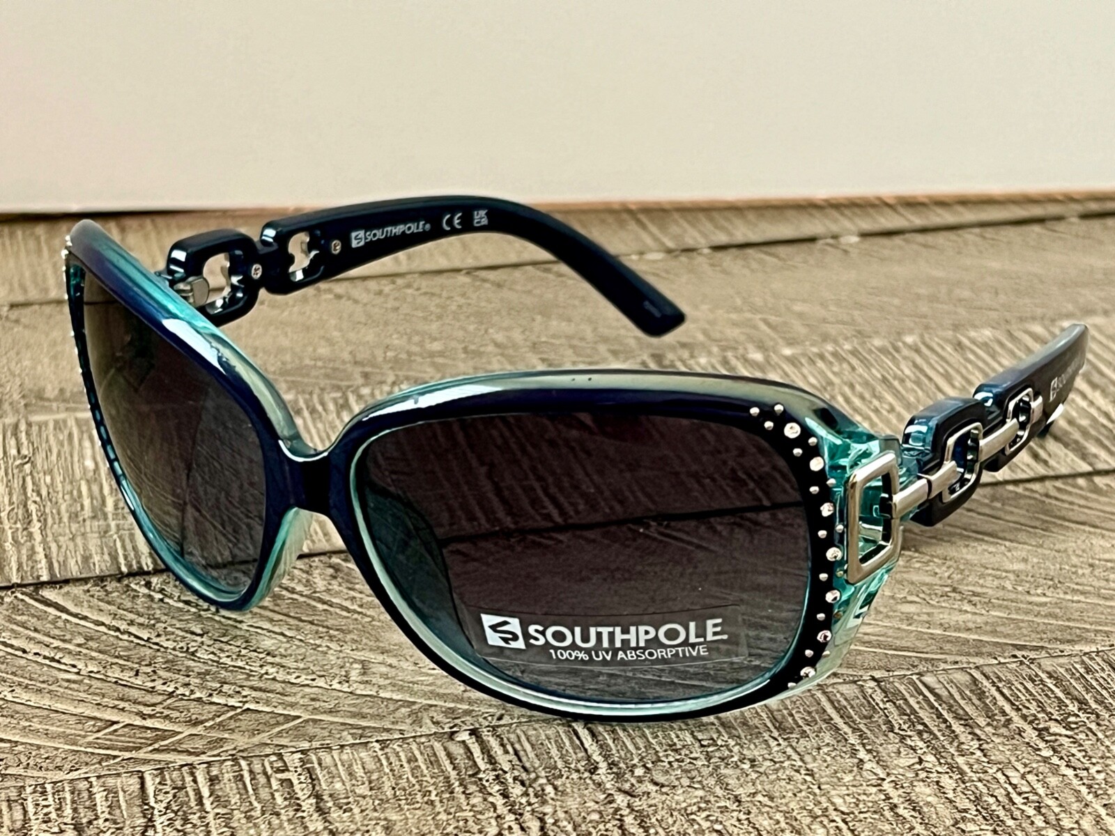 SOUTHPOLE Rectangular Sunglasses 1017-SP Navy & Turquoise Rhinestone Link Temple