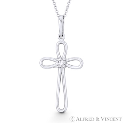 Multi-Loop Modern Christian Cross CZ Crystal 14mmx6mm Pendant in 14k White  Gold