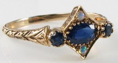 DAINTY 9K GOLD Sri Lankan SAPPHIRE OPAL TRILOGY ART DECO INS RING FREE RESIZE - Picture 5 of 6