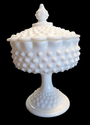 Hobnail Milk Glass Pedestal Candy Dish Bowl With Lid PM08 K - Picture 2 of 9