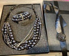 2pc Black Metallic Faux Pearl Jewelry Gift Set Bracelet Necklace Rhinestones box