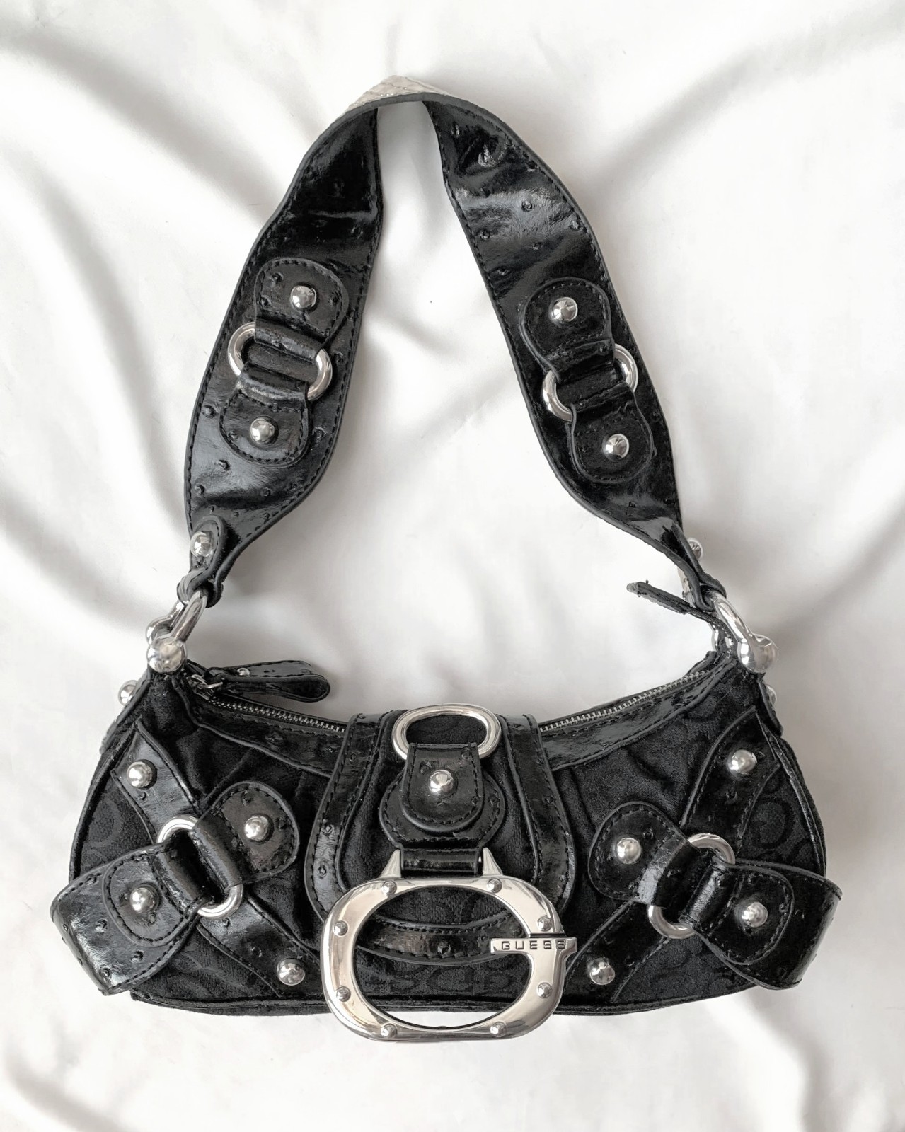 Guess Vintage Y2K Shoulder Bag Black Monogram Leather 2000 Stud Grunge RARE 90s