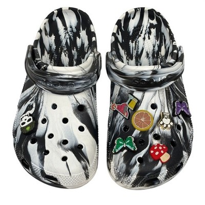 Crocs Classic Marbled Tie Dye Clogs Black White Plus Jibbitz Charms M8 W10