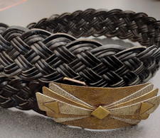 Chico  s Wide Braided Black Leather Belt Metal Buckle Sz. S/M 1 3/4" W 37" L
