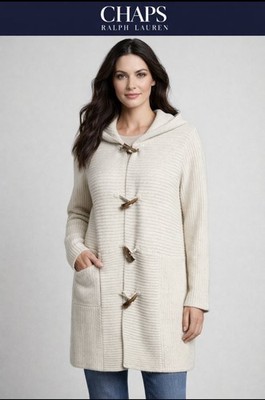 Chaps RL Cream Hooded Toggle Knit Cardigan Coat Sweater Jacket Women s Medium