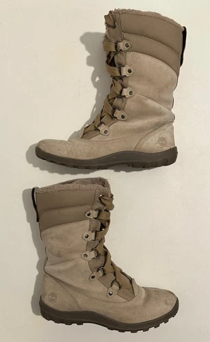 Stivali Timberland pile beige marrone pelle impermeabili montatura agrifoglio taglia UK 7 5