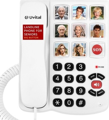 Uvital Big Button Phone Seniors Corded SOS 8 Speed Dial Loud Ringer 110dB White