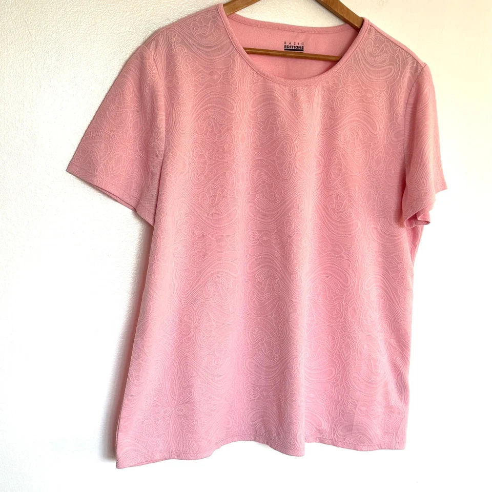Basic Editions рубашка женщин XXL розовый пейсли текстурированный коротким рукавом ворота Топ - Изображение 2 из 4