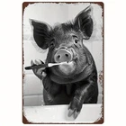 Vintage Black White Pig Brushing Teeth Tin Metal Signs Home Décor 8x12