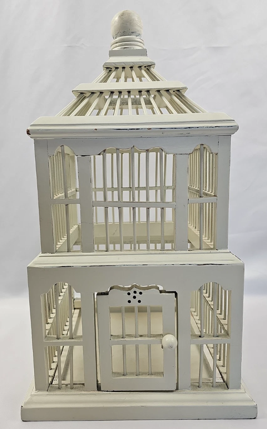 Distressed Off White Wooden Bird Cage (Decor) 2 Tier 17" x 8 3/4" x 9" Open Door