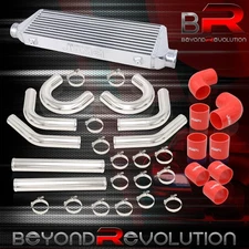 Universal 27"x7" Intercooler 2.5" Piping Kit U Pipes Chrome + Clamp Couplers Red