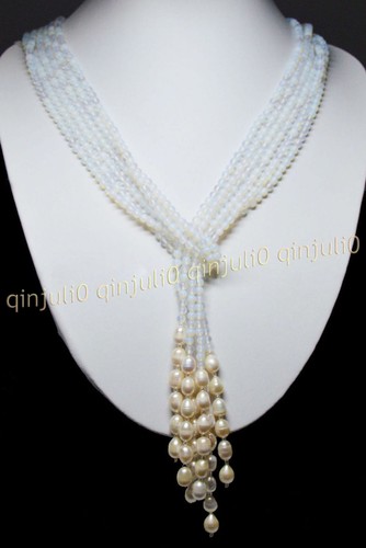 "Collana Sciarpa Perla Bianca 3 Fili Pietra Preziosa Naturale 4mm Pietra Perla 7-8mm 50"" - Foto 8 di 43