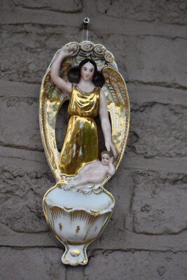 Antique french vieux paris porcelain holy water font plaque angel