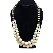 Chunky Bead Chain Gold Tone Statement Necklace Off White Costume Jewelry 21 in
