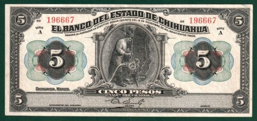 Mexico, Estado de Chihuahua 5 Pesos, Serie A Decree of 1913 (1915), P-S132a, XF+