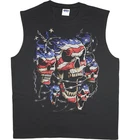 Mens sleeveless t-shirt USA American flag skulls biker vest muscle tee tank top