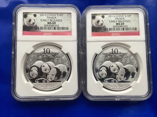Lot of 2, 2013 S10Y China 1oz Silver NGC MS69 Early Releases PANDA’S Consec. #’s