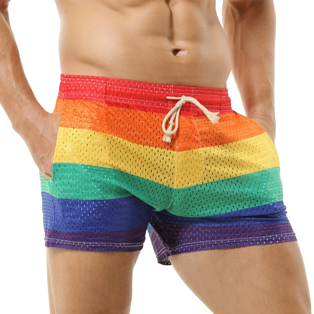 Men s Rainbow Mesh Training Shorts with Drawstring Waist for