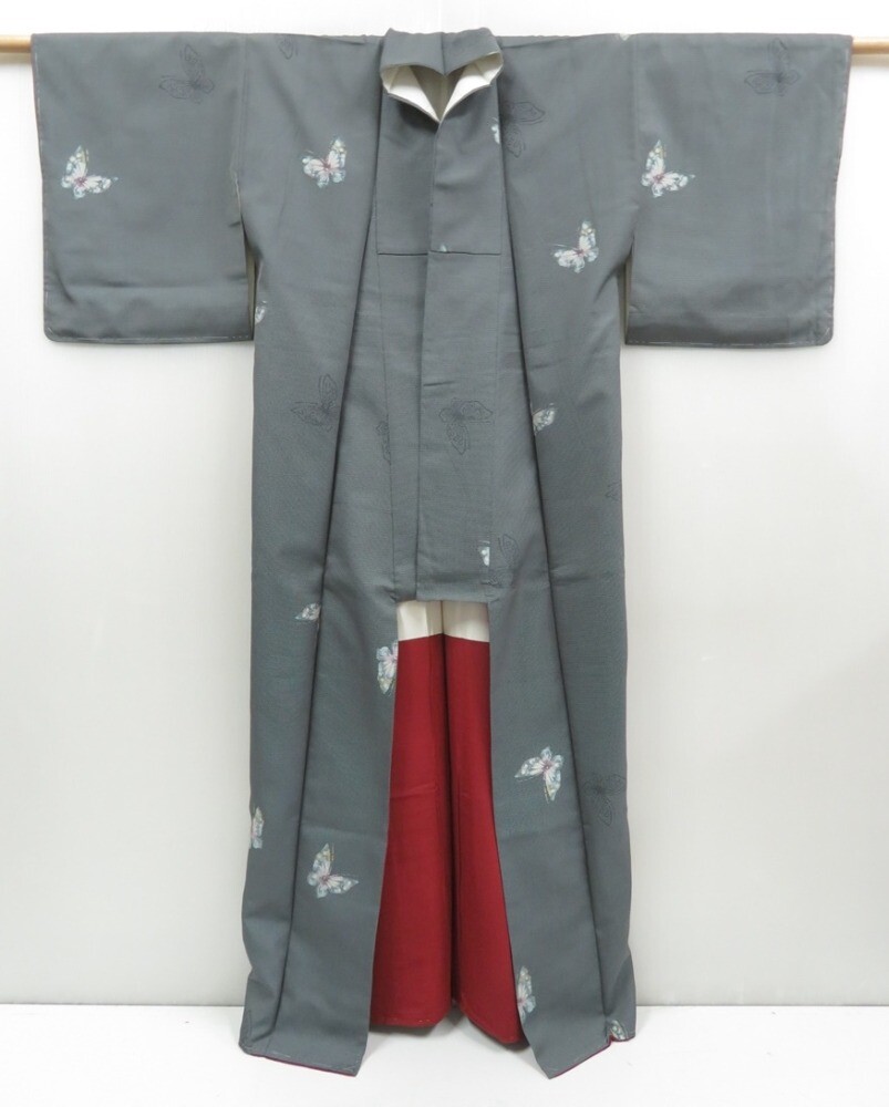4509T09z840 Japanese Kimono Silk TSUMUGI Butterfly Gray | eBay