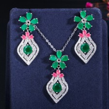 Silver Plated CZ Flower Pendant Necklace Earrings Zircon Women Party Jewelry Set
