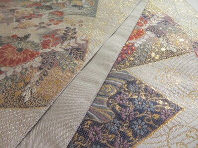 5113Y07z820 Japanese Kimono Silk FUKURO OBI Flowers Light gray