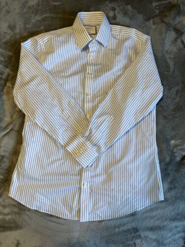 CHARLES TYRWHITT Men's Dress Shirt Large 16/33 Non-Iron White Blue Stripes