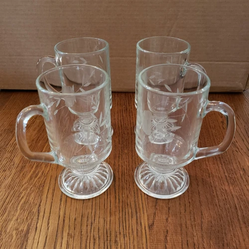 SET (4) PRINCESS HOUSE CLEAR ETCHED HERITAGE FLORAL IRISH COFFEE  MUG MELON BASE