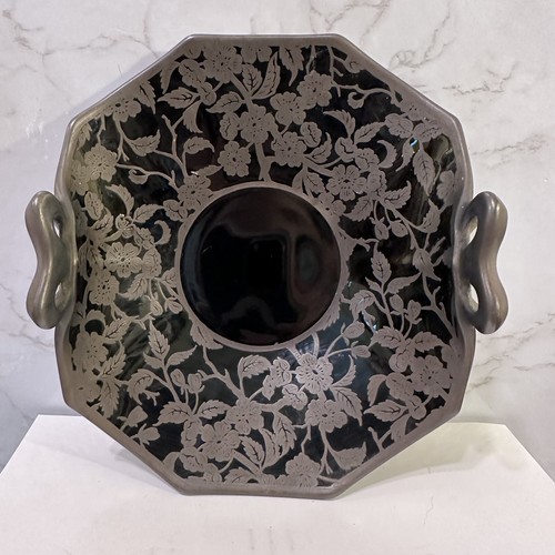 Vintage Rockwell Silver Co Art Deco Floral Overlay Black Glass Curved Plate Dish