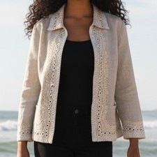 Chicos Linen Metallic Embroidered Open Front Eyelet Jacket Tan Womens Sz 2/US Lg