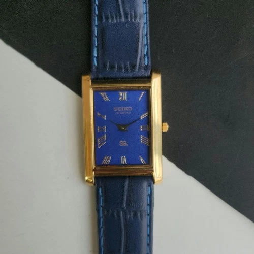 Vintage Seiko Slim Tank Quartz Men Blue Dial Dress Watch-Free Shipping