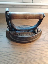 Vintage sad Iron, 5" long, 4" high, cast-iron with wood handle, antique