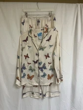 Nick & Nora 100% Silk Pajama Set Butterflies Sz L Button Up PJs Granny Core READ