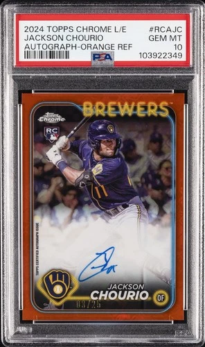 2024 TOPPS CHROME L/E ORANGE REFRACTOR #RCAJC JACKSON CHOURIO RC 3/25 PSA 10