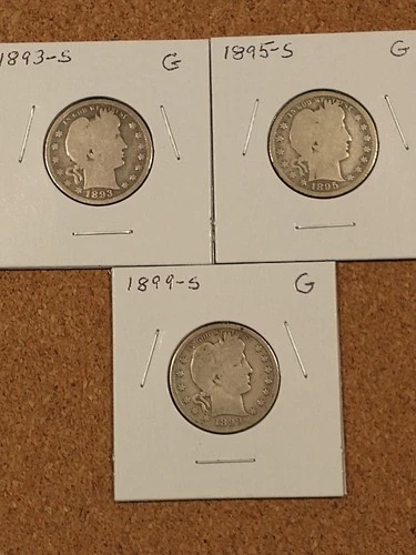 1893-S, 1895-S, 1899-S Silver Barber Quarters, all Good Condition