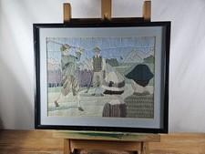 VINTAGE GOLF NEEDLEPOINT LONGSTITCH HANDMADE GOLFERS SCENE FRAMED CLUBHOUSE DECO