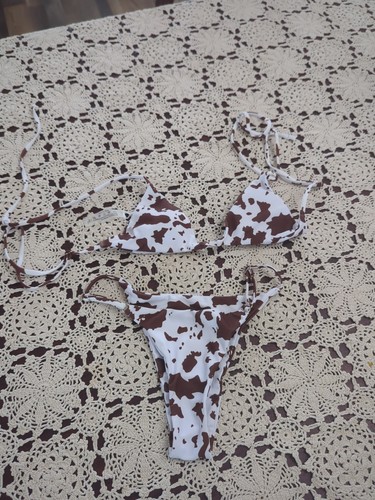 Womens Bikini Size Small White And Brown Cow Print. New With Tags