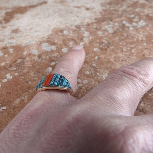 Sz8 14K gold High Grade Turquoise and Coral Native american ring Possibly Hopi - Picture 3 of 6