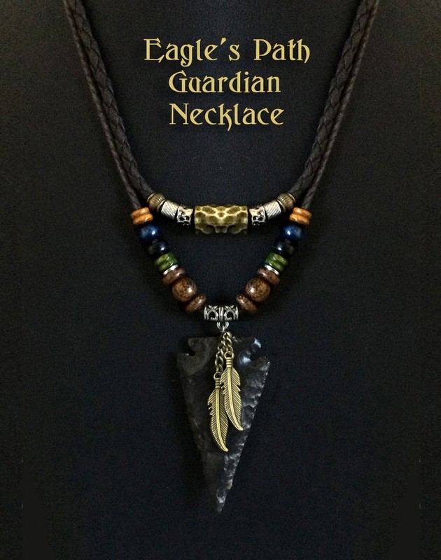 Rugged STONE ARROWHEAD NECKLACE 32" Men's Tribal Two Bronze Eagle Feathers HOT!