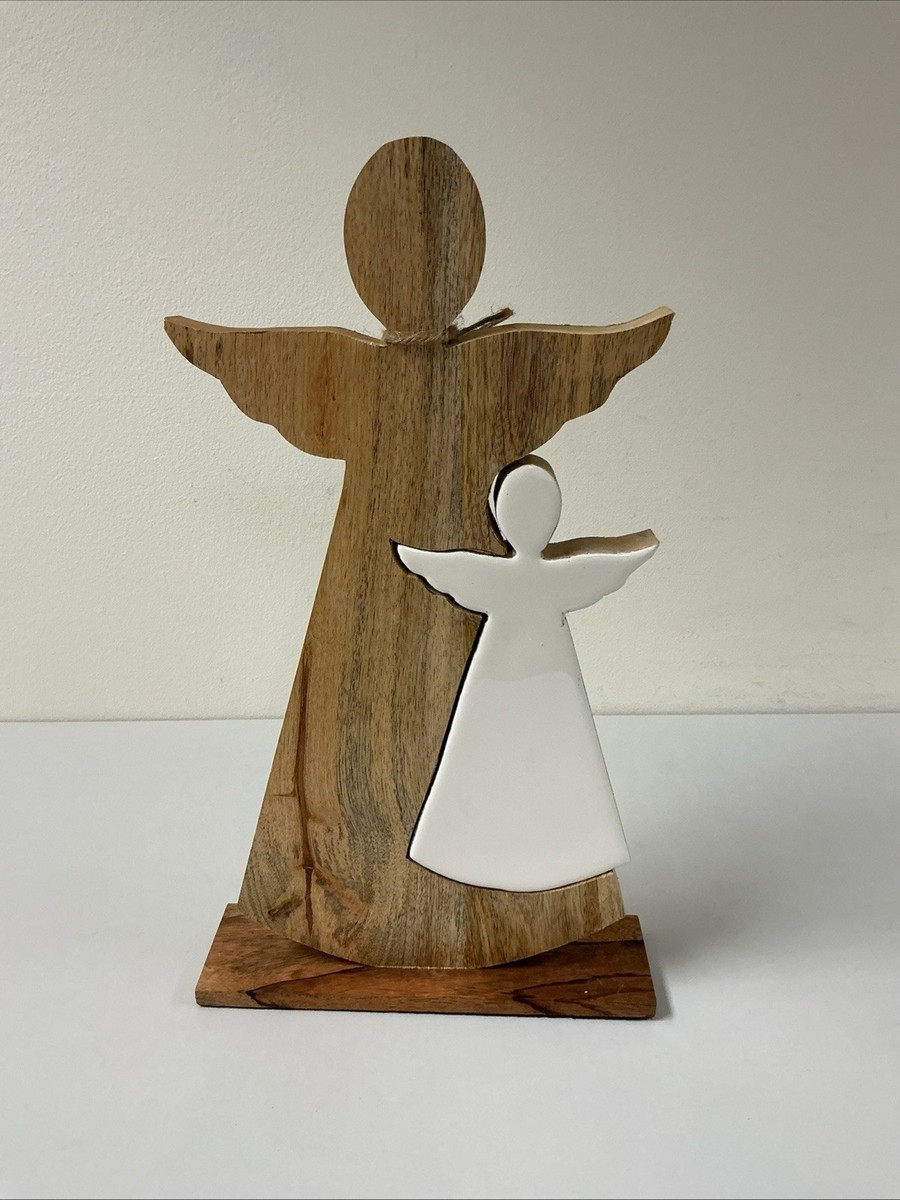 木製エンジェル Wood Enamel Nesting Angel Statue Handcrafted Farmhouse Decor
