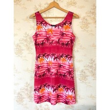Vintage 90s Royal Creations Hot Pink Hawaiian Sunset Palm Tree Mini Dress M