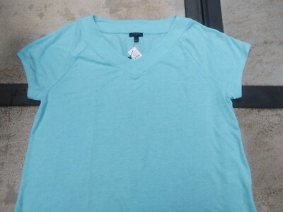 New Talbot's Petite Large Aqua Short Sleeve V Neck Shirt Linen/Polyester 