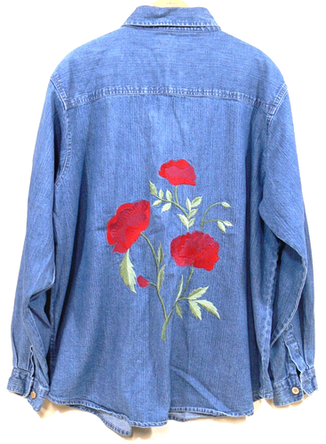Vintage Coldwater Creek Embroidered Flowers Denim Shirt Top Womens Plus 2X/XXL