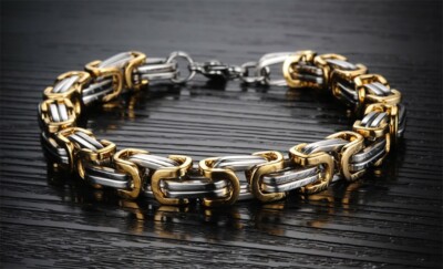 Men's Stainless Steel Silver & Gold Mechanic Byzantine Bracelet Link Chain 8.5''