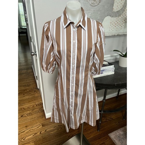 NWT PEARL by LELA ROSE Striped Poplin A Line Shirt Dress Caramel / White Size 4 - Picture 3 of 10