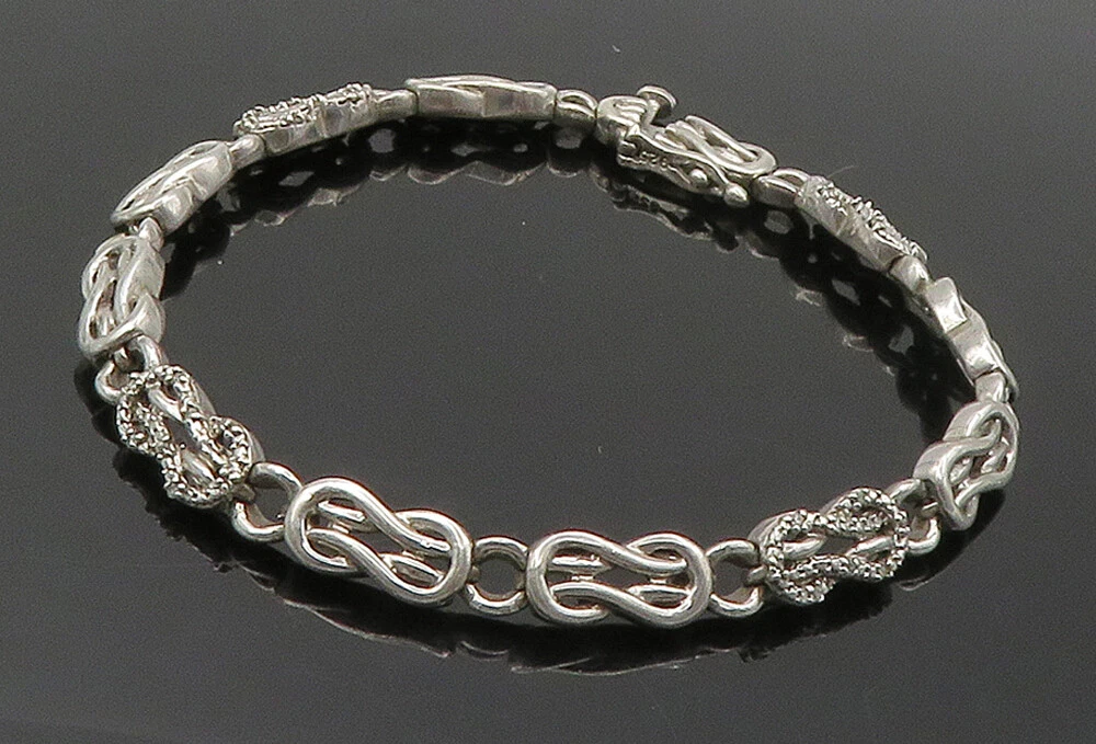 925 Sterling Silver - Vintage Genuine Diamonds Knot Link Chain Bracelet - BT6280