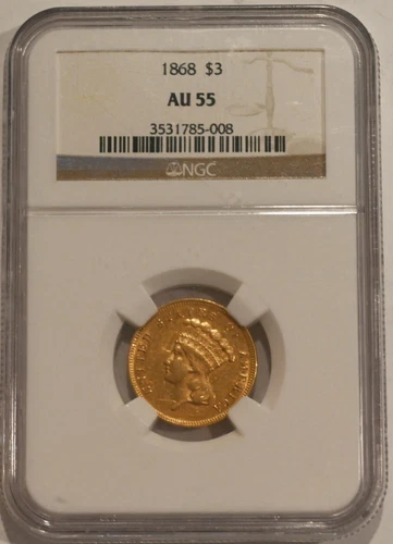1868 Three Dollar NGC AU55 $3 Indian Princess Head Free Shipping!!!