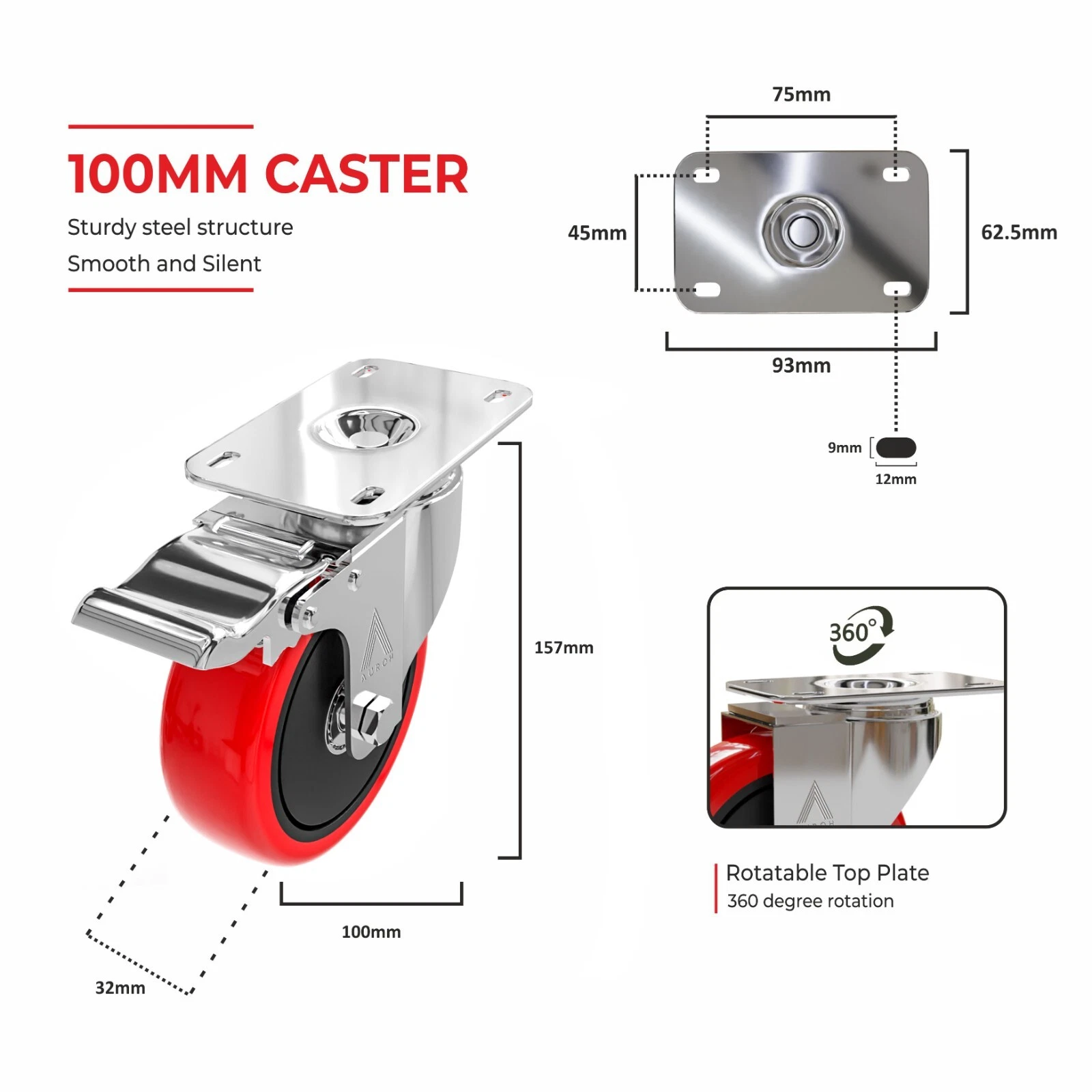 Auroh 100mm PU Castor Dimensions - Braked