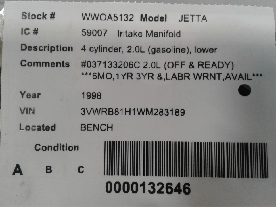 Used Lower Engine Intake Manifold fits: 1998 Volkswagen Jetta 4 cylinder gasolin Foto 4 de 4