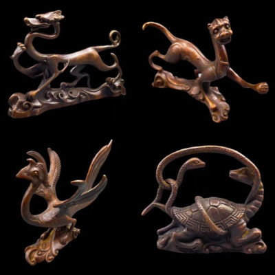 Pure Copper Statues of The Four Divine Animals Tea Pets and Tea Table Decoration