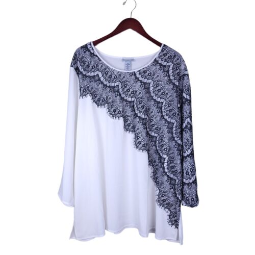 Catherines Top Womens 2X Ivory Black Lace Long Sleeve Crepe Blouse Shirt